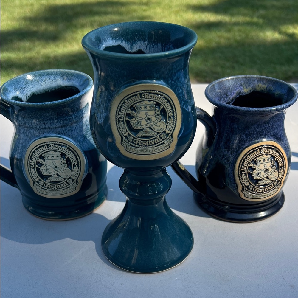 Handcrafted Blue and Green Ceramic Mug and Goblet Set (set of 3)